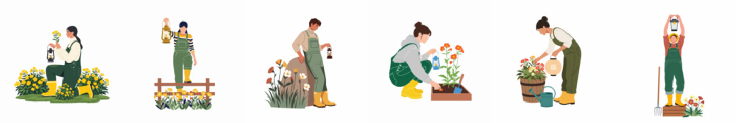 Fototapeta premium Set of Flat Illustrations Featuring People Gardening, Planting Flowers, and Caring for Plants in a Sustainable and Natural Style