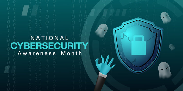 Illustration for October Is National Cyber Security Awareness Month. Shield, ghost and hand. Great for cards, banners, posters, social media and more. Dark green background.  