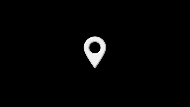 Minimalist white map location pin animation on black background, for navigation and, travel ui