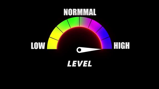Dynamic gauge meter animation showing level progression from low to with neon glow effect indicator speedometer