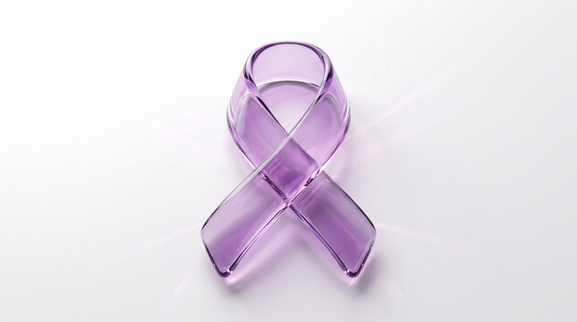 Single translucent purple awareness ribbon on white background with awareness