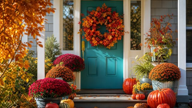 Cozy front porch decorated for autumn with a vibrant turquoise door, decorative wreath