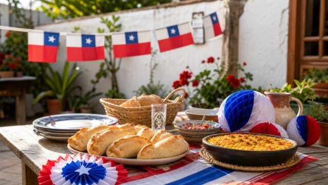Traditional Chilean Fiestas Patrias celebration table setup outdoors
