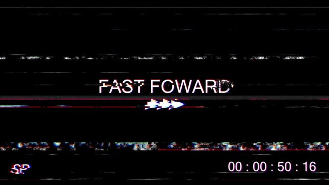Retro vhs glitch effect displaying fast forward screen with timecode