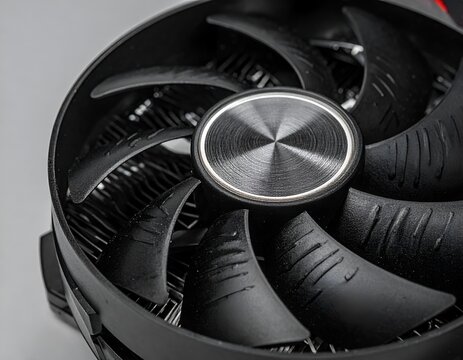 Black CPU cooler fan macro view.