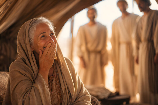 Elderly Sarah laughing inside tent hearing angels promise a son to Abraham, biblical Genesis story