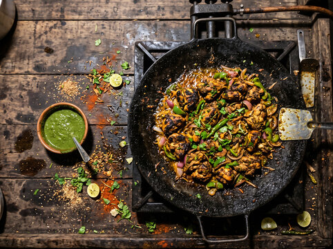 Pakistani Tawa Chicken Karahi Cooking on Wooden Table