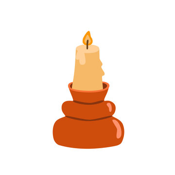 Flat vector illustration of a warm orange candle in a rustic pottery holder with a burning flame, suitable for autumn, home decor and seasonal designs.
