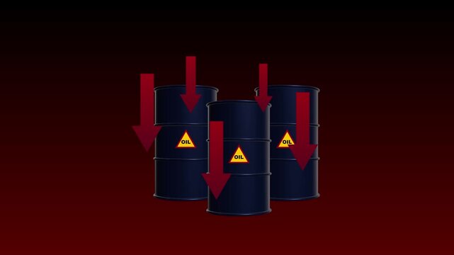 Falling Oil Prices and Market Decline Oil Barrels with Downward Arrows Symbolize Lower Energy Values, Weak Demand, Financial Pressure, and a Bearish Commodity Market