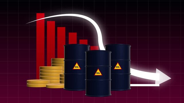 Declining Oil Market and Falling Financial Value Concept with Red Downward Chart, Oil Barrels, Gold Coins, and a Large Arrow Showing Economic Downturn