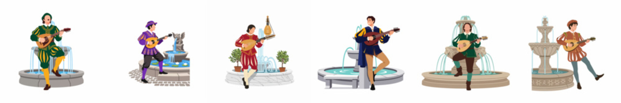 Set of six medieval minstrel illustrations featuring men in traditional costumes playing lutes by stone fountains, isolated on a white background.