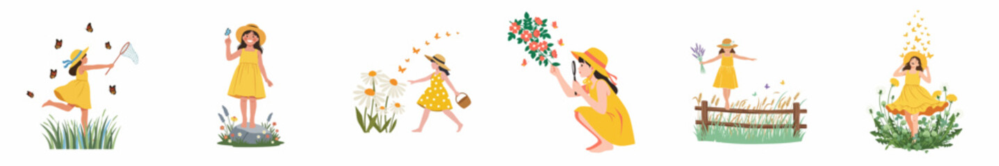 Naklejka premium Set of summer illustrations featuring a little girl in a yellow dress enjoying nature, flowers, and butterflies in a whimsical, hand-drawn style.