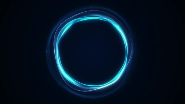 Cyan blue light ring moves with soft energy waves on a deep dark background, creating a polished futuristic frame in 4k 60fps loop.