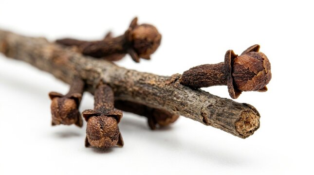 Dried Cloves Attached to a Branch on a White Background