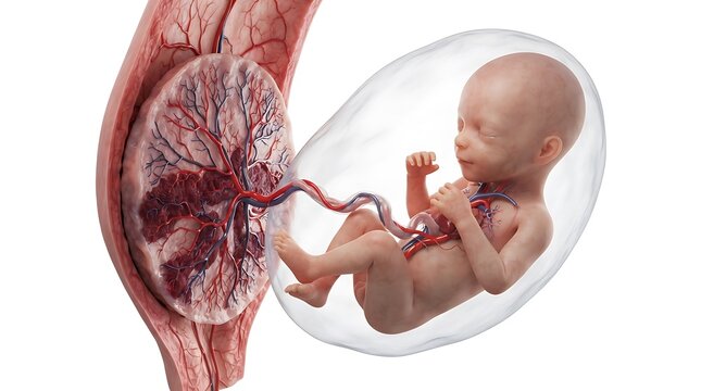 Fetus inside womb connected to placenta and umbilical cord illustration