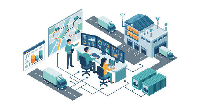 Fleet management operators monitor real time truck location maps and warehouse dispatch analytics in a control center.