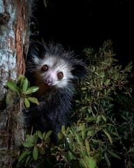 Naklejka premium Wide-Eyed Aye-Aye Peering From Tree Trunk at Night, Rare Nocturnal Madagascar Primate