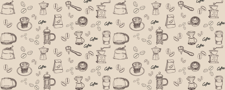 Vintage Coffee Seamless Pattern Vector with Hand Drawn Cafe Icons on Cream Background