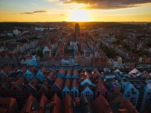 Beautiful panorama of Gdansk city at sunset, Poland