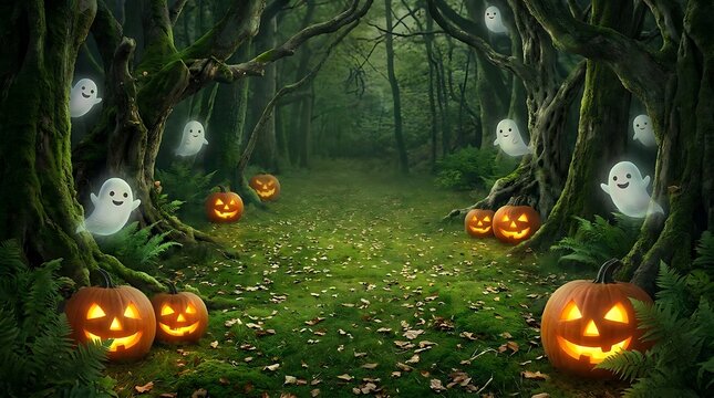 Spooky halloween forest background with glowing jack o lanterns and floating ghosts in the dark woods