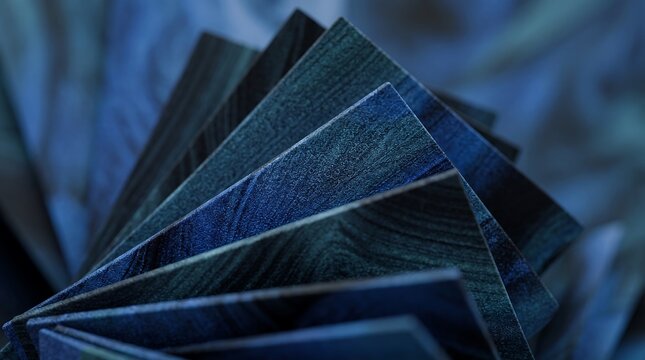 Abstract fan arrangement featuring dark blue textured laminate material samples for interior design architectural planning