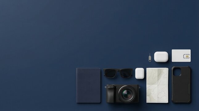 Meticulous Global Connectivity Flat Lay: Blank Travel SIM Mockup, Rugged Phone Case, Ejector Pin, and Nomad Gear on Deep Telecom Navy