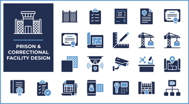 Blue and dark blue icon set for prison and correctional facility architectural design featuring security cameras, blueprints, and fence elements