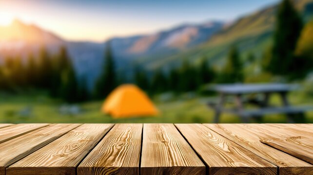Rustic wooden table in foreground offering an empty space for products with a blurred mountain landscape sunrise and camping in the background tents