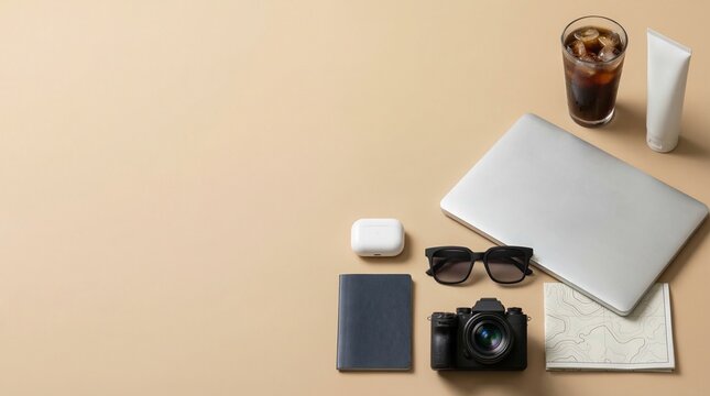Meticulous Digital Nomad Flat Lay: Blank Silver Laptop Mockup, Cold Brew, and Travel Gear on Warm Sand Beige with Expansive Copy Space