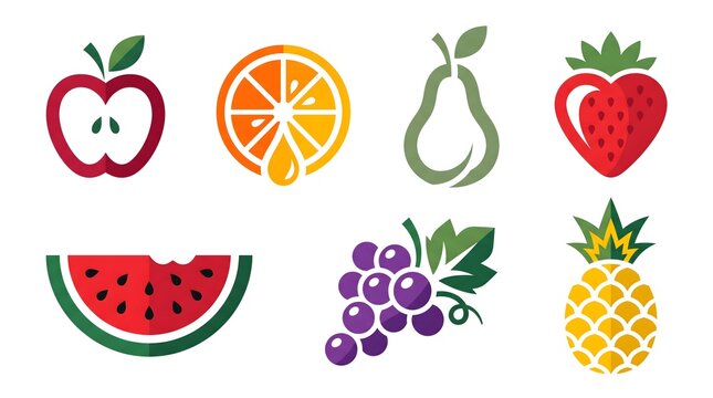 A collection of minimalist and modern fruit icons including apple, orange, pear, strawberry, watermelon, grapes, and pineapple
