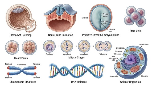 Illustrations of Embryonic Development and Cellular Biology Concepts