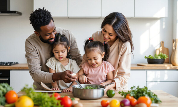Family cooking kitchen multiethnic parents and young children preparing a healthy meal together in a bright modern home