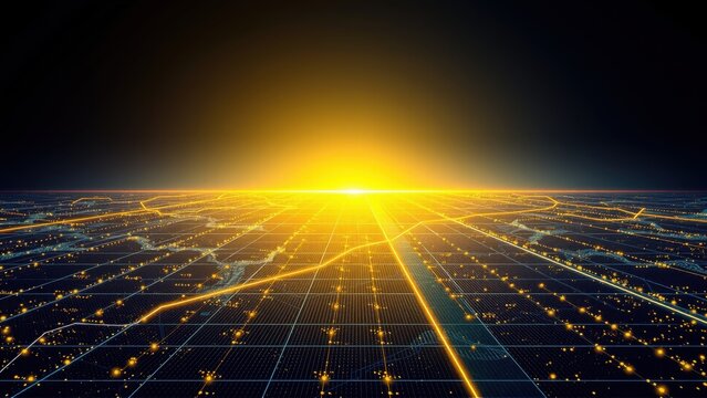 Retro grid landscape glows brightly. Futuristic city lights extend toward horizon. Dark background emphasizes radiant energy.