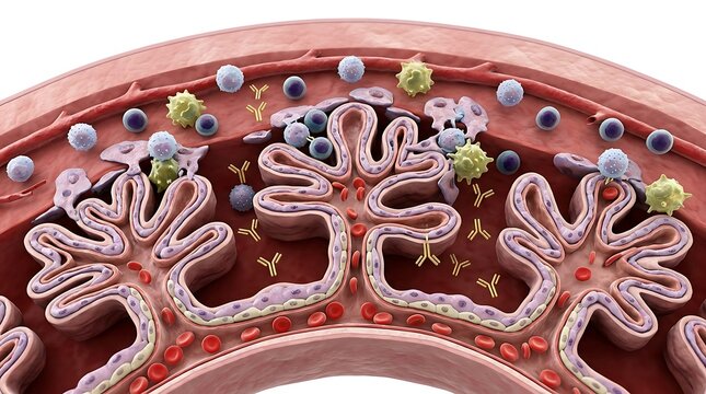 Intestinal villi with immune cells and pathogens illustration