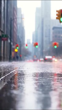 Rainy city street scene with traffic lights reflected on wet asphalt rain light reflection road urban rain light reflection road urban
