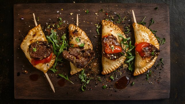 Gourmet beef empanadas topped with steak and herbs on a rustic wooden serving board