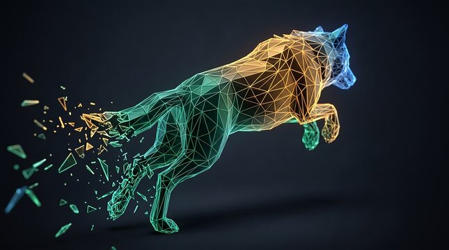 Futuristic low poly wireframe wolf shattering into data particles