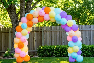 Fototapeta premium Bright colorful balloon arch stands in backyard garden during summer party. Festive rainbow decorations create cheerful mood for birthday celebration outdoors. Multicolored air balloons decorate