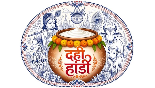 illustration of dahi handi celebration in festival background of India with text in Hindi meaning Shri Krishan Janmashtami