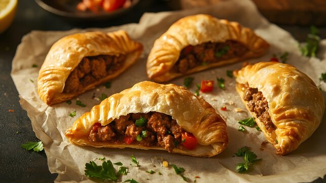 Delicious golden beef empanadas served on rustic parchment paper with fresh herbs.