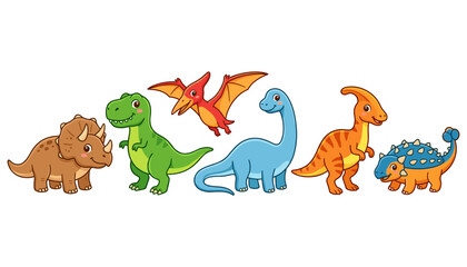 Cute Dinosaur Cartoon Character Vector Set with Tyrannosaurus Rex, Triceratops, Pterodactyl, and Brachiosaurus Illustrations for Kids Books, Stickers, and Patterns © Rafika