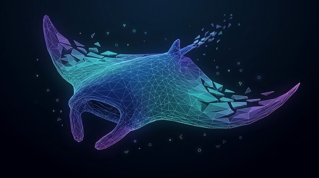 Futuristic low poly neon manta ray flying in dark space