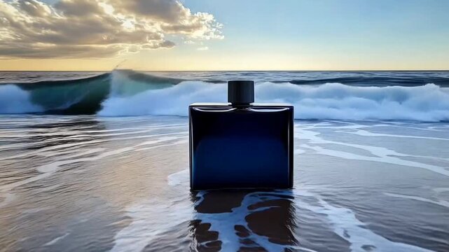 bottle of perfume cosmetics aroma cologne spray in sea waves 