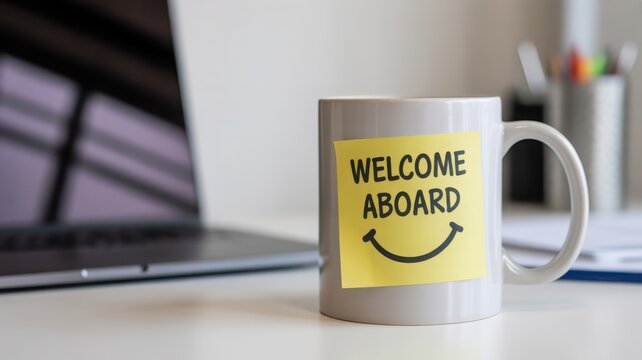 Welcome aboard note on coffee mug at office desk.