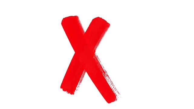Abstract red cross painted by wide brush strokes on white background, monochrome animation, red X letter, crossed lines, denial and prohibition concept, 4K loopable with alpha channel, wrong mark.