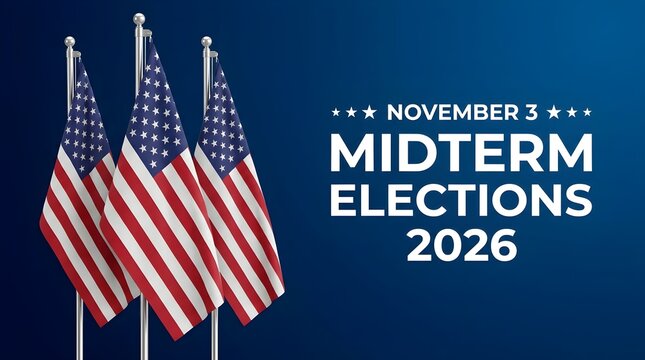 American flags waving against a blue background with text indicating "November 3 Midterm Elections 2026".