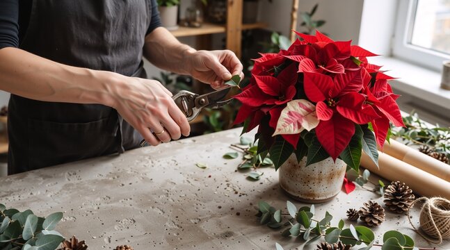 Florist pruning a red poinsettia plant with shears
