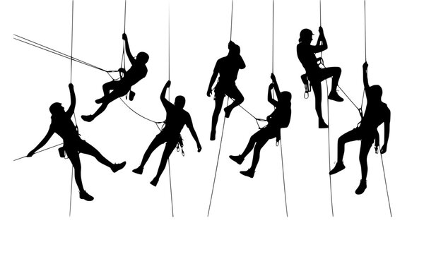 Rock climber and rappeller silhouette set featuring solid black figures ascending and descending with ropes, harness safety equipment, extreme mountain climbing, and outdoor adventure vector illustrat