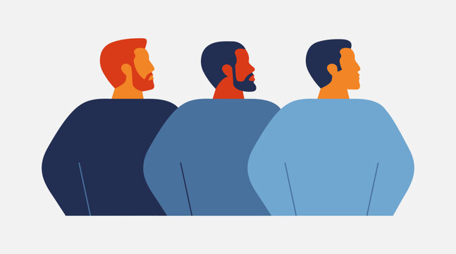 Three men abstract figure portrait stand together. Poster with different strong confident males who look forward. vector illustration