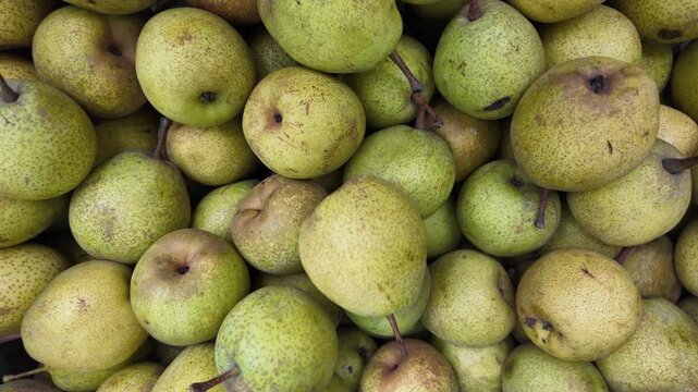 Seasonal Pears for Sale in Fruit Shop , pears fall , slow motion